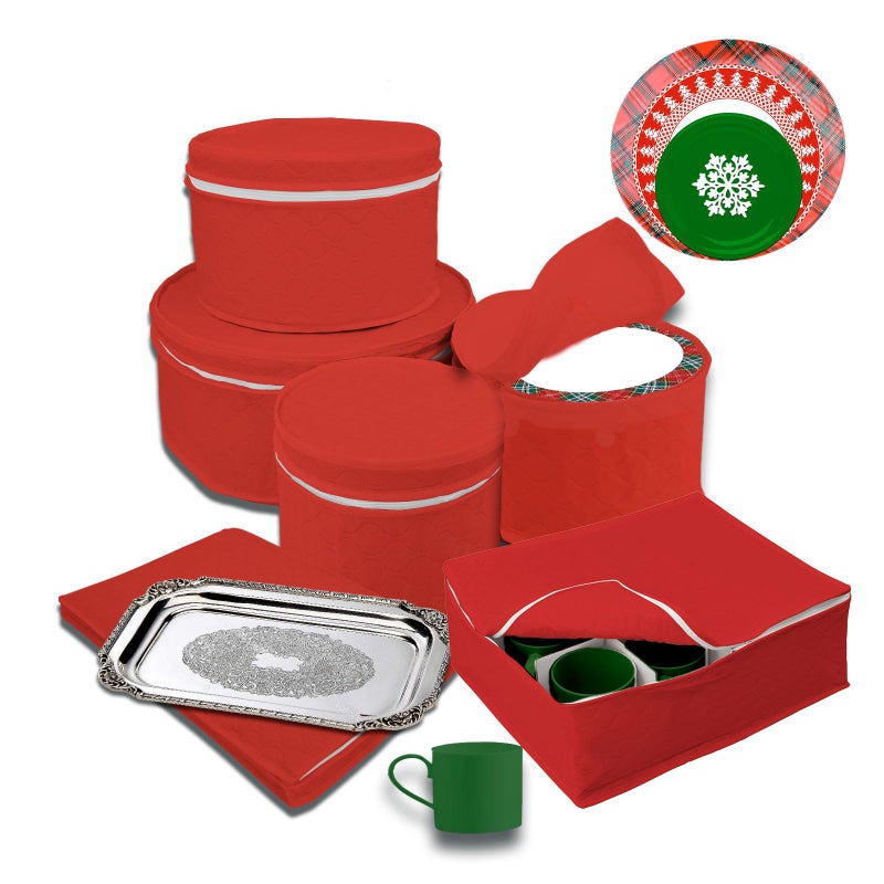 LAMINET مجموعة تخزين أدوات المائدة المبطنة من LAMINET 6 قطع - تشمل 4 صناديق للأطباق، 1 صندوق للأكواب وصندوق للطبق الكبير - أحمر - Image 2